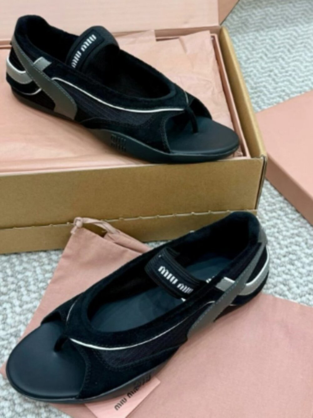 Miu Miu Black Suede & Mesh Thong Sporty Sandals